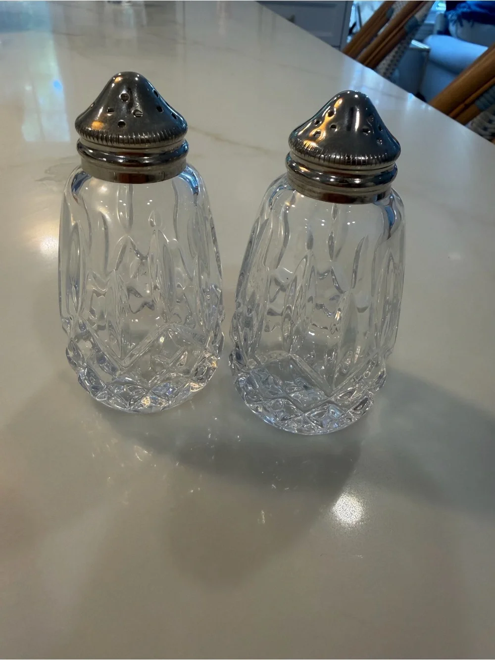 Waterford Crystal Clear Cut Glass Salt and Pepper Shakers with Silver Tops